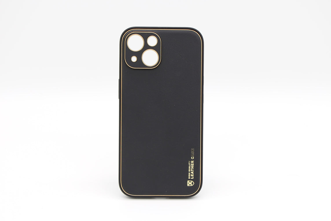 Iphone 15 läder skal med guld rim