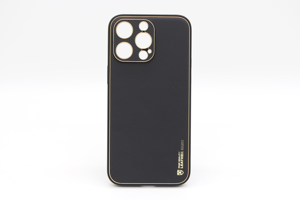 Iphone 15 Pro Max läder skal med guld rim