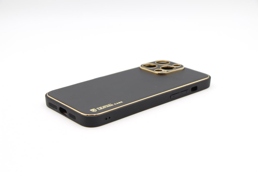 Iphone 15 Pro Max läder skal med guld rim